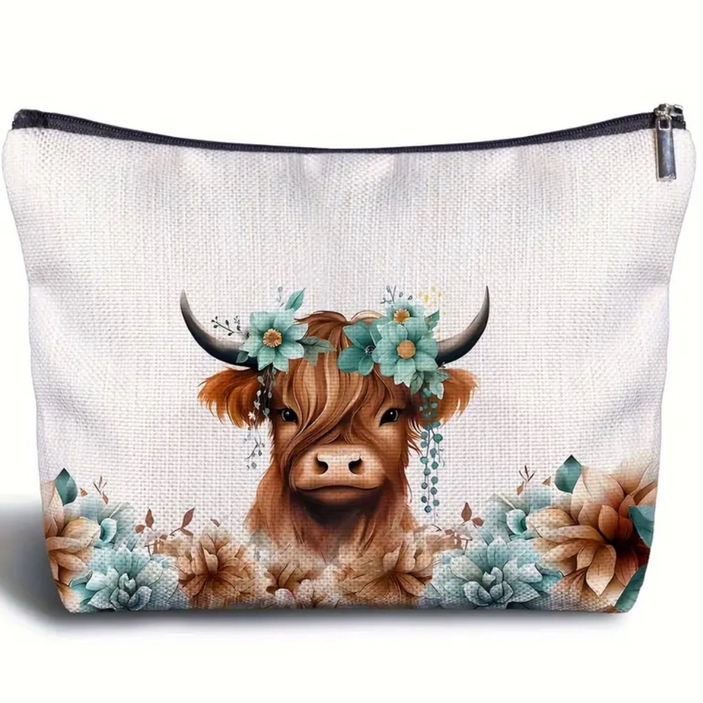 White and Brown Highland Cow Cosmetic Bag with Floral Design